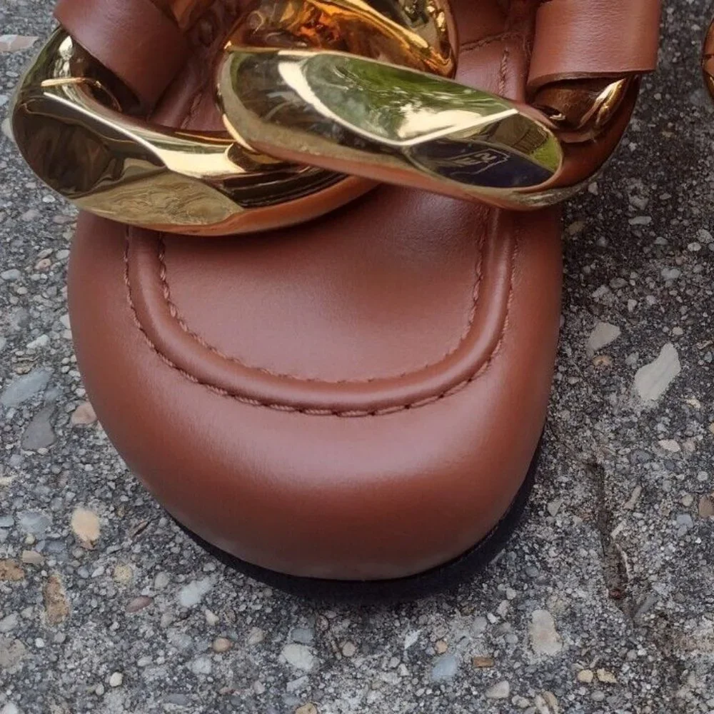 JW Anderson Leather Loafer Shearling Lined Gold Chain Brown Italy  NWOT - Picture 8 of 12